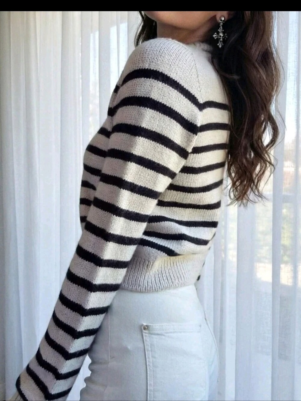 Gold-Button Striped Crewneck Cardigan - Light Gray & Black - Picture 12 of 12